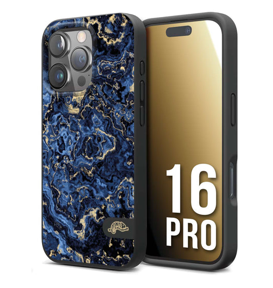 CUSTOMIZZA - Custodia cover nera morbida in tpu compatibile per iPhone 16 PRO effetto marmo marble blu venature dorato psichedelico