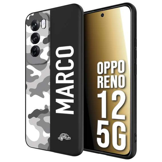 CUSTOMIZZA - Custodia cover nera morbida in tpu compatibile per Oppo Reno 12 5G camouflage mimetico militare personalizzata nome bianco