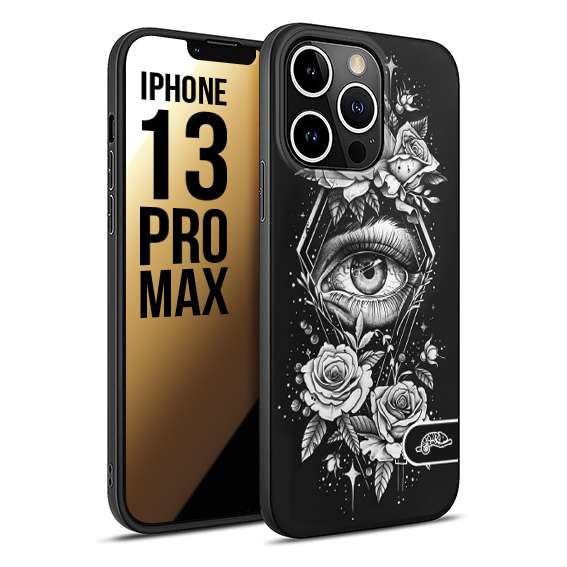 CUSTOMIZZA - Custodia cover nera morbida in tpu compatibile per iPhone 13 PRO MAX occhio fiori rombo geometrico black and white bianco a rilievo disegnato tattoo tatuaggio