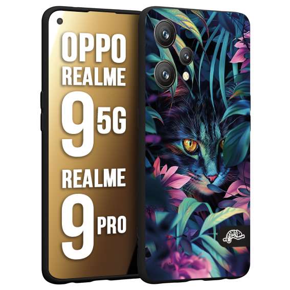 CUSTOMIZZA - Custodia cover nera morbida in tpu compatibile per Realme 9 5G - 9 PRO animali color giungla tropicale occhio di gatto colori vibranti disegnato