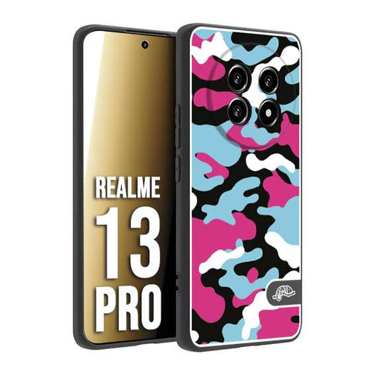 CUSTOMIZZA - Custodia cover nera morbida in tpu compatibile per Realme 13 PRO camouflage mimetico militare fucsia celeste