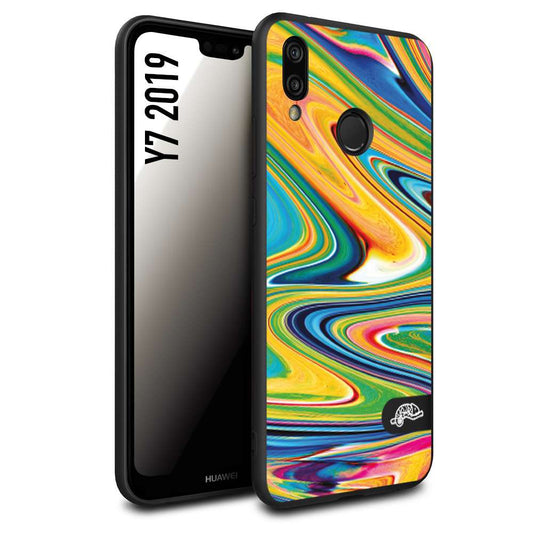 CUSTOMIZZA - Custodia cover nera morbida in tpu compatibile per Huawei Y7 2019 colorata fantasia vortice marmo arcobaleno gialla verde blu