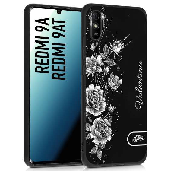 CUSTOMIZZA - Custodia cover nera morbida in tpu compatibile per Xiaomi Redmi 9A - 9AT a rilievo soft touch personalizzata nome rose fiori donna