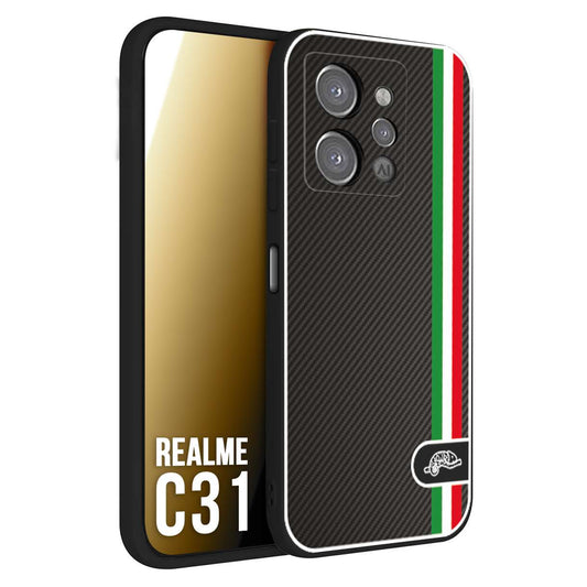 CUSTOMIZZA - Custodia cover nera morbida in tpu compatibile per Oppo Realme C31 effetto fibra di carbonio bandiera Italia made in Italy