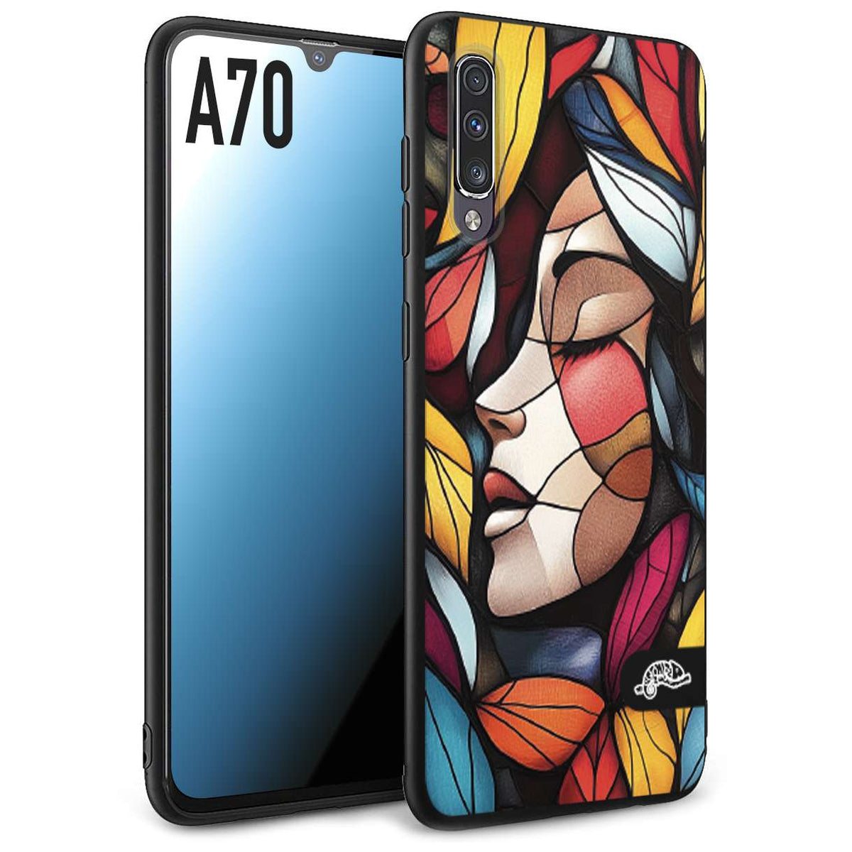 CUSTOMIZZA - Custodia cover nera morbida in tpu compatibile per Samsung A70 Vetrata artistica volto di donna profilo fogliare mosaico di vetro colorato