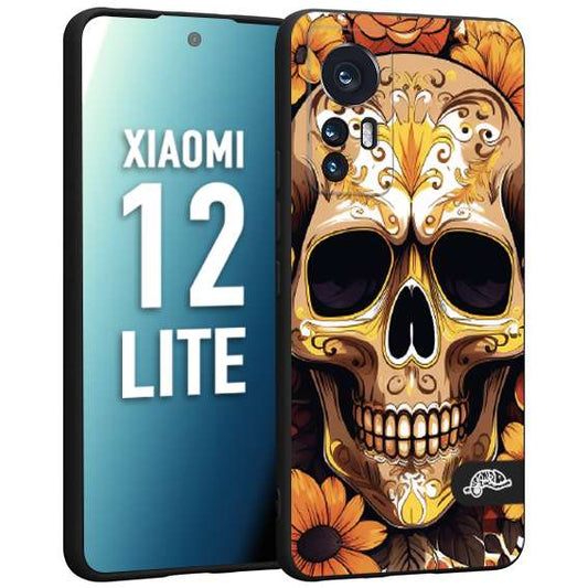 CUSTOMIZZA - Custodia cover nera morbida in tpu compatibile per Xiaomi 12 LITE teschio messicano colorato dorato fiori tattoo disegnato