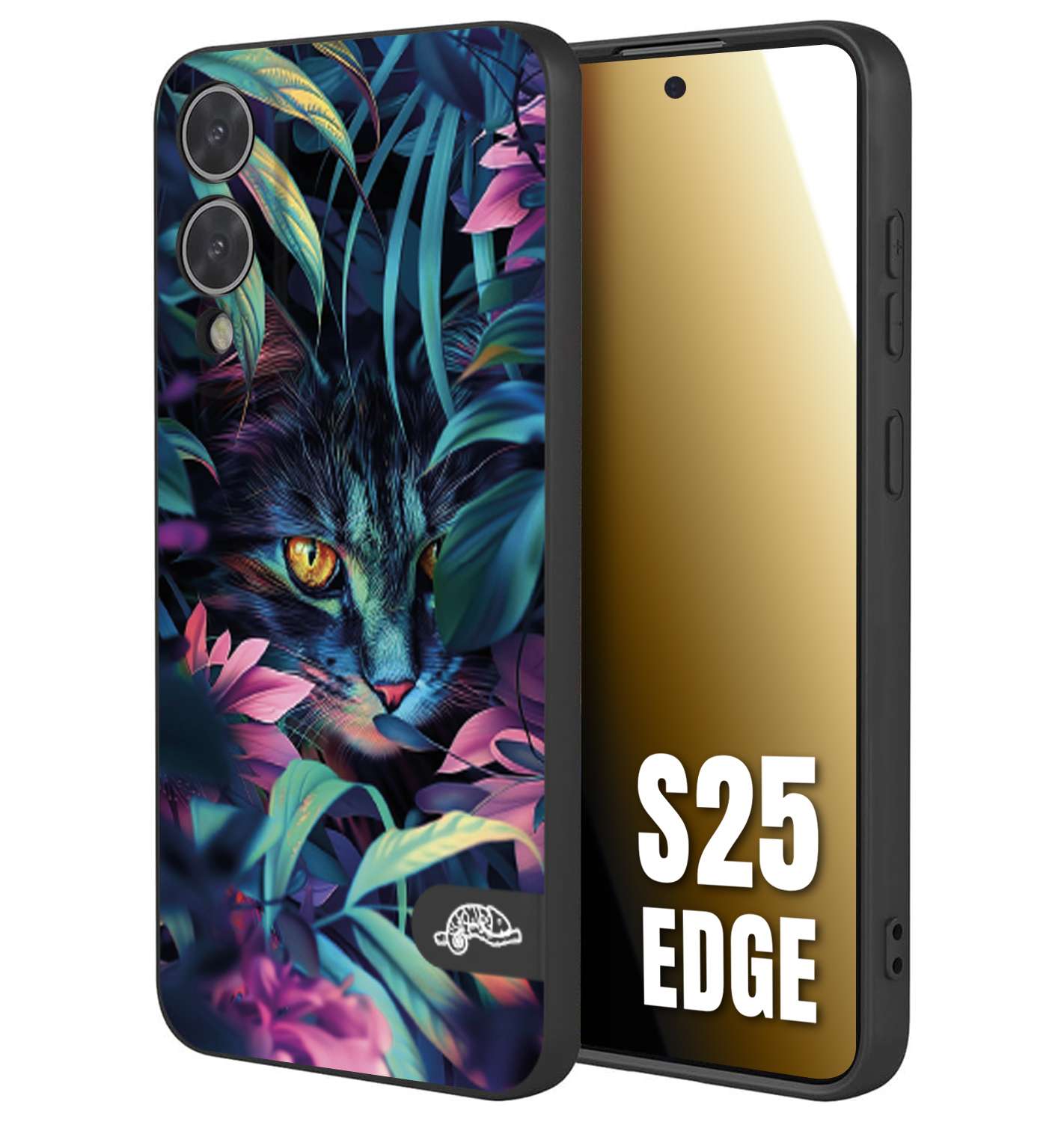 CUSTOMIZZA - Custodia cover nera morbida in tpu compatibile per Samsung S25 EDGE animali color giungla tropicale occhio di gatto colori vibranti disegnato