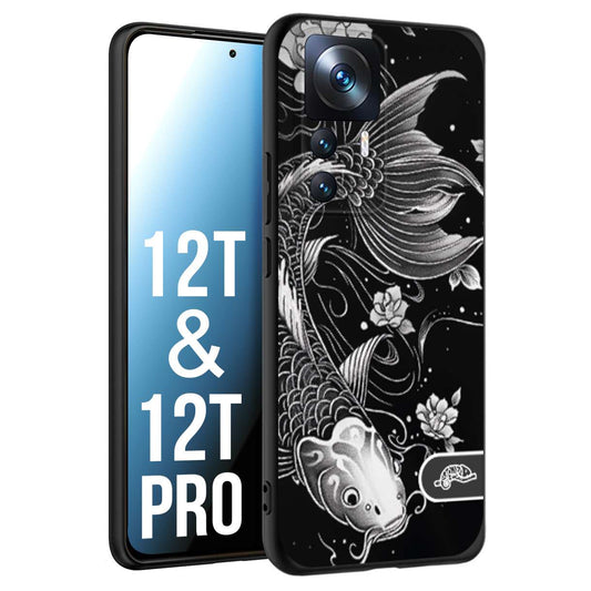 CUSTOMIZZA - Custodia cover nera morbida in tpu compatibile per Xiaomi 12T - 12T PRO carpa koi black and white bianco a rilievo disegnato tattoo tatuaggio