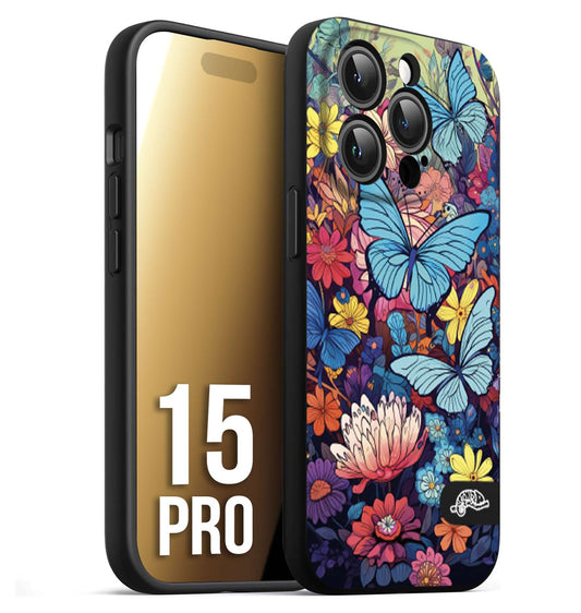 CUSTOMIZZA - Custodia cover nera morbida in tpu compatibile per iPhone 15 PRO farfalle butterfly moderno donna disegnate gialla blu rosa