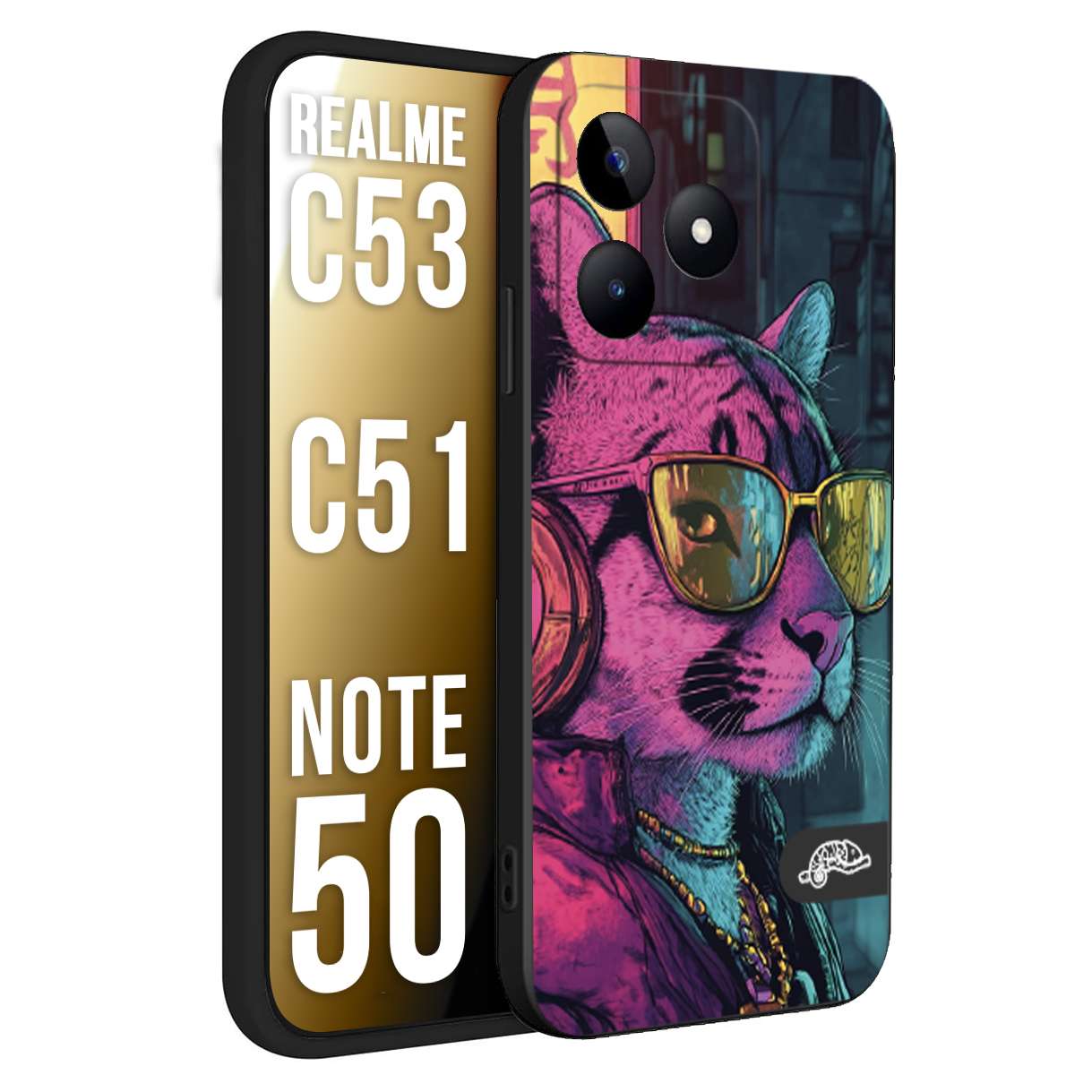 CUSTOMIZZA - Custodia cover nera morbida in tpu compatibile per Realme C53 - C51 - NOTE 50 animali cyberpunk pantera street cat fucsia blu giallo