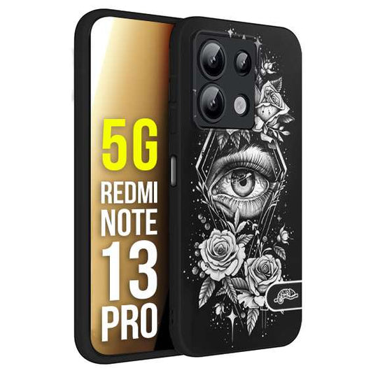 CUSTOMIZZA - Custodia cover nera morbida in tpu compatibile per Xiaomi Redmi Note 13 PRO 5G occhio fiori rombo geometrico black and white bianco a rilievo disegnato tattoo tatuaggio