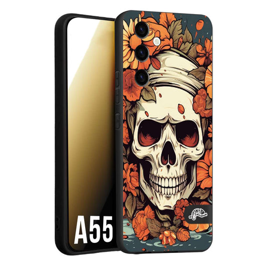 CUSTOMIZZA - Custodia cover nera morbida in tpu compatibile per Samsung A55 5G teschio skull flowers fiori tattoo disegnato alta definizione