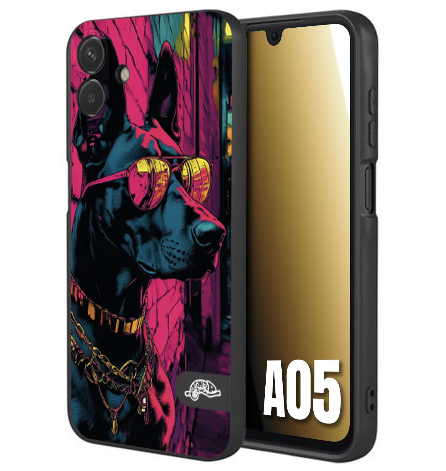 CUSTOMIZZA - Custodia cover nera morbida in tpu compatibile per Samsung A05 animali cyberpunk dobermann cane street dog fucsia blu