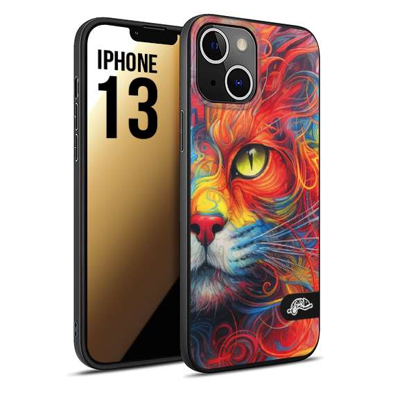 CUSTOMIZZA - Custodia cover nera morbida in tpu compatibile per iPhone 13 animali color cat gatto viso colori vibranti disegnato schizzo