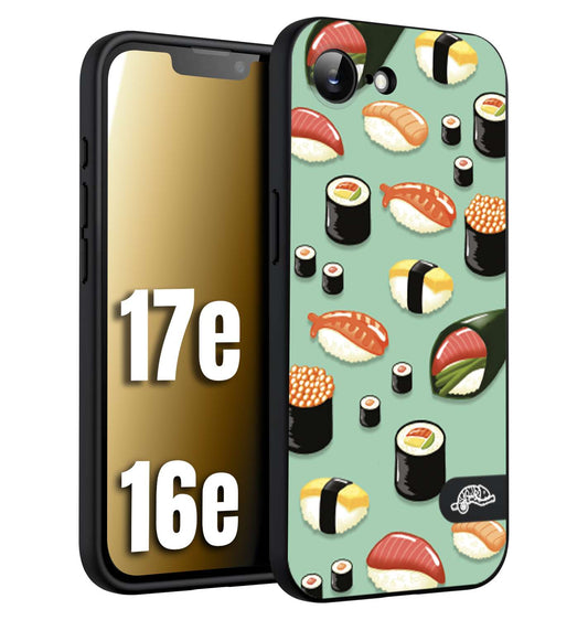 CUSTOMIZZA - Custodia cover nera morbida in tpu compatibile per iPhone 16E - 17E sushi disegni giapponese nighiri acquamarina verde