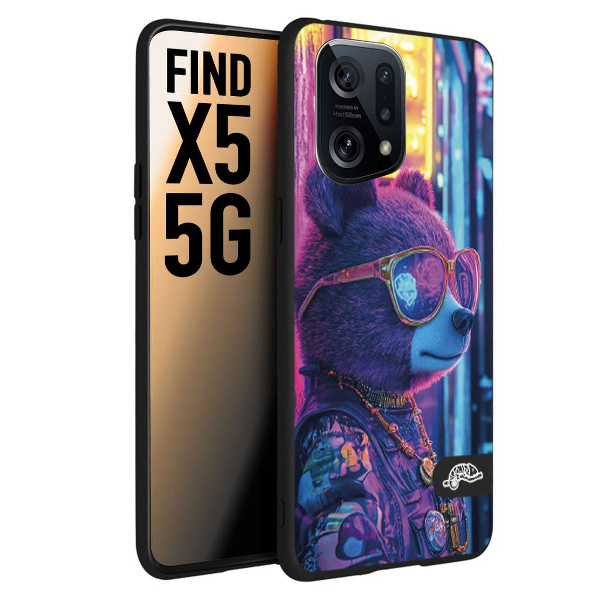 CUSTOMIZZA - Custodia cover nera morbida in tpu compatibile per Oppo Find X5 animali cyberpunk orsetto orso street bear fucsia blu night