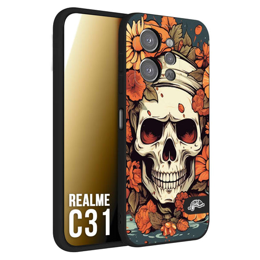 CUSTOMIZZA - Custodia cover nera morbida in tpu compatibile per Oppo Realme C31 teschio skull flowers fiori tattoo disegnato alta definizione