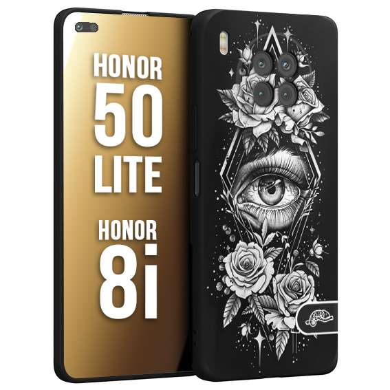 CUSTOMIZZA - Custodia cover nera morbida in tpu compatibile per Honor 8i - Honor 50 LITE occhio fiori rombo geometrico black and white bianco a rilievo disegnato tattoo tatuaggio