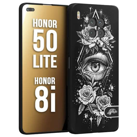 CUSTOMIZZA - Custodia cover nera morbida in tpu compatibile per Honor 8i - Honor 50 LITE occhio fiori rombo geometrico black and white bianco a rilievo disegnato tattoo tatuaggio