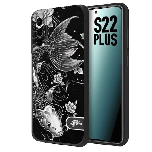 CUSTOMIZZA - Custodia cover nera morbida in tpu compatibile per Samsung S22 PLUS carpa koi black and white bianco a rilievo disegnato tattoo tatuaggio