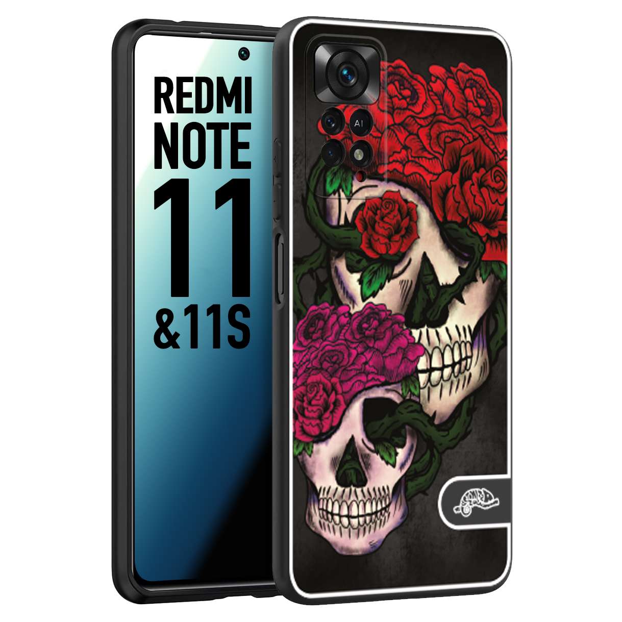 CUSTOMIZZA - Custodia cover nera morbida in tpu compatibile per Xiaomi Redmi Note 11 -  Note 11S teschi e rose rosse fucsia skull and roses