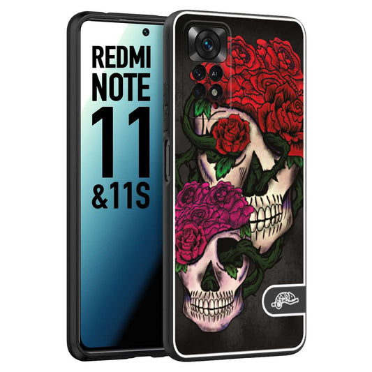 CUSTOMIZZA - Custodia cover nera morbida in tpu compatibile per Xiaomi Redmi Note 11 -  Note 11S teschi e rose rosse fucsia skull and roses