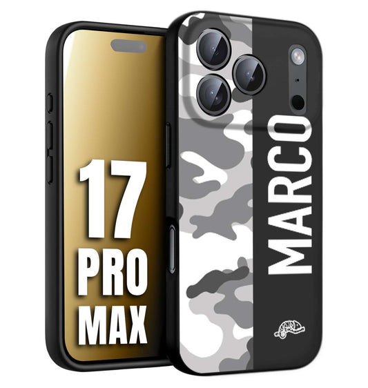 CUSTOMIZZA - Custodia cover nera morbida in tpu compatibile per iPhone 17 PRO MAX camouflage mimetico militare personalizzata nome bianco
