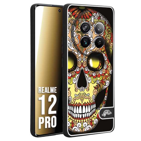 CUSTOMIZZA - Custodia cover nera morbida in tpu compatibile per Realme 12 PRO teschio messicano Mexican skull giallo rosso arancio