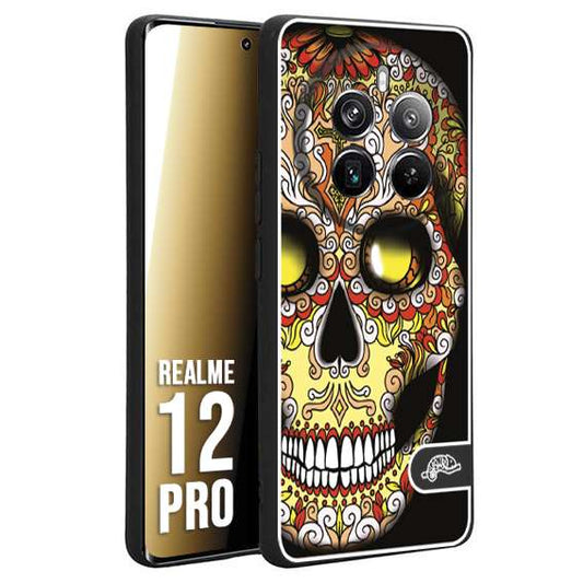 CUSTOMIZZA - Custodia cover nera morbida in tpu compatibile per Realme 12 PRO teschio messicano Mexican skull giallo rosso arancio