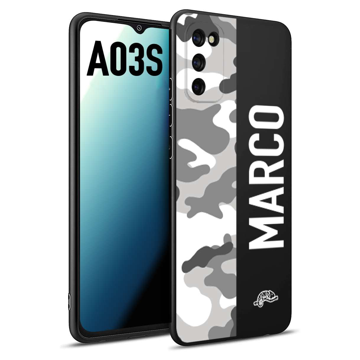 CUSTOMIZZA - Custodia cover nera morbida in tpu compatibile per Samsung A03S camouflage mimetico militare personalizzata nome bianco