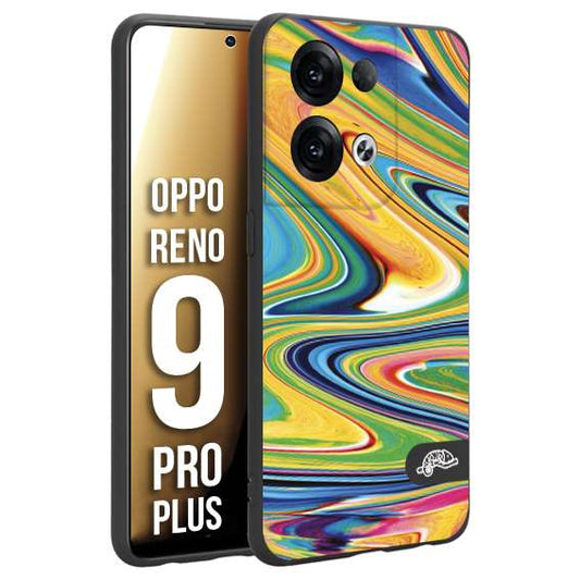 CUSTOMIZZA - Custodia cover nera morbida in tpu compatibile per Oppo Reno 9 PRO PLUS colorata fantasia vortice marmo arcobaleno gialla verde blu