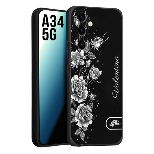 CUSTOMIZZA - Custodia cover nera morbida in tpu compatibile per Samsung A34 5G a rilievo soft touch personalizzata nome rose fiori donna