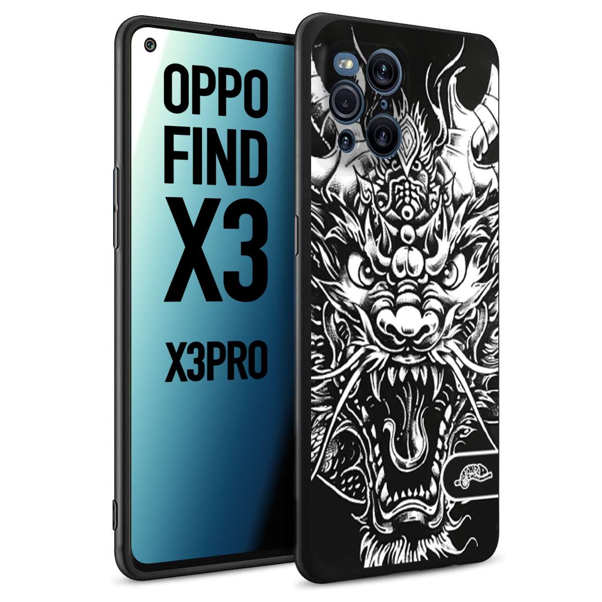 CUSTOMIZZA - Custodia cover nera morbida in tpu compatibile per Oppo Find X3 - Find X3 Pro 5G drago black and white bianco a rilievo disegnato tattoo tatuaggio