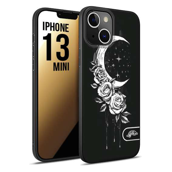 CUSTOMIZZA - Custodia cover nera morbida in tpu compatibile per iPhone 13 MINI luna e fiori moon flowers black and white bianco a rilievo disegnato tattoo tatuaggio