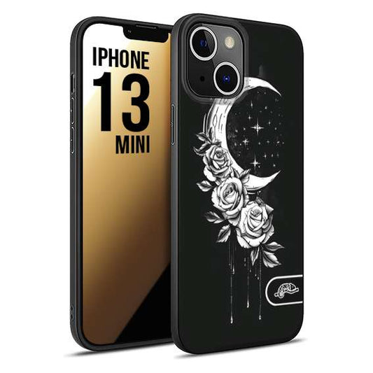 CUSTOMIZZA - Custodia cover nera morbida in tpu compatibile per iPhone 13 MINI luna e fiori moon flowers black and white bianco a rilievo disegnato tattoo tatuaggio