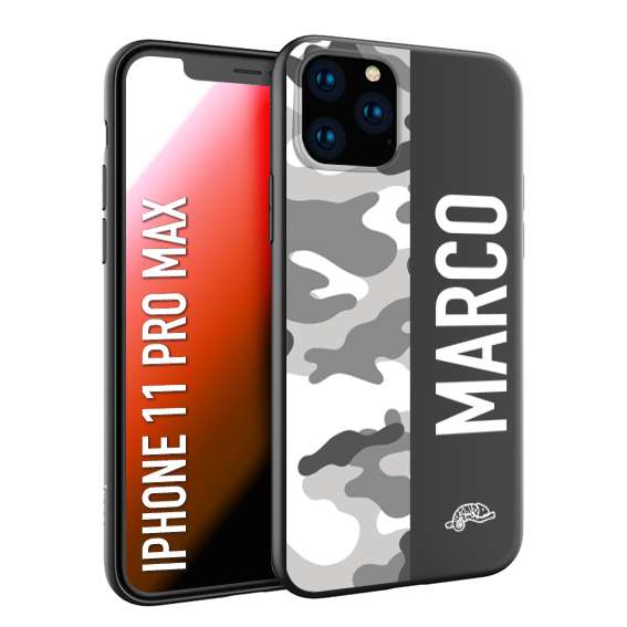 CUSTOMIZZA - Custodia cover nera morbida in tpu compatibile per iPhone 11 PRO MAX camouflage mimetico militare personalizzata nome bianco