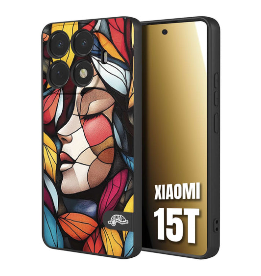 CUSTOMIZZA - Custodia cover nera morbida in tpu compatibile per Xiaomi 15T Vetrata artistica volto di donna profilo fogliare mosaico di vetro colorato