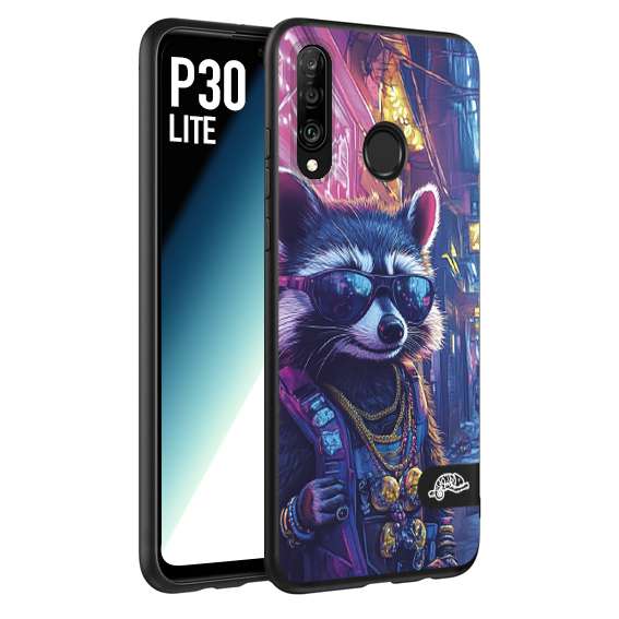 CUSTOMIZZA - Custodia cover nera morbida in tpu compatibile per Huawei P30 LITE animali simpatici cyberpunk procione racoon street cat fucsia blu giallo