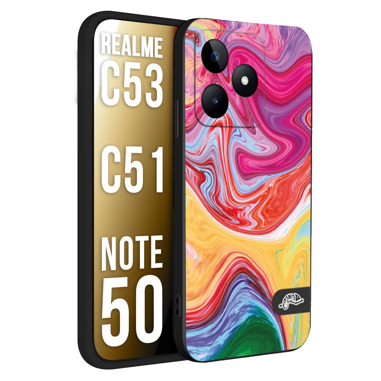 CUSTOMIZZA - Custodia cover nera morbida in tpu compatibile per Oppo Realme C53 - C51 - NOTE 50 colorata fantasia vortice marmo onde verde fucsia gialla