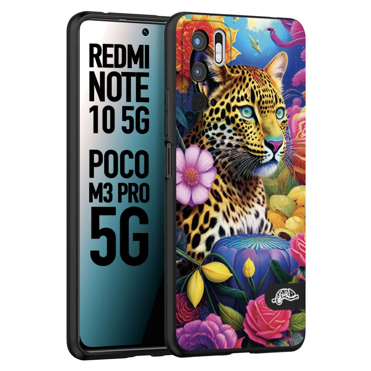 CUSTOMIZZA - Custodia cover nera morbida in tpu compatibile per Xiaomi Redmi Note 10 5G - Poco M3 Pro 5G astratti donna flower fantasia leopardo ghepardo animali colorati