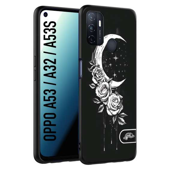 CUSTOMIZZA - Custodia cover nera morbida in tpu compatibile per Oppo A53 - A32 - A53S luna e fiori moon flowers black and white bianco a rilievo disegnato tattoo tatuaggio