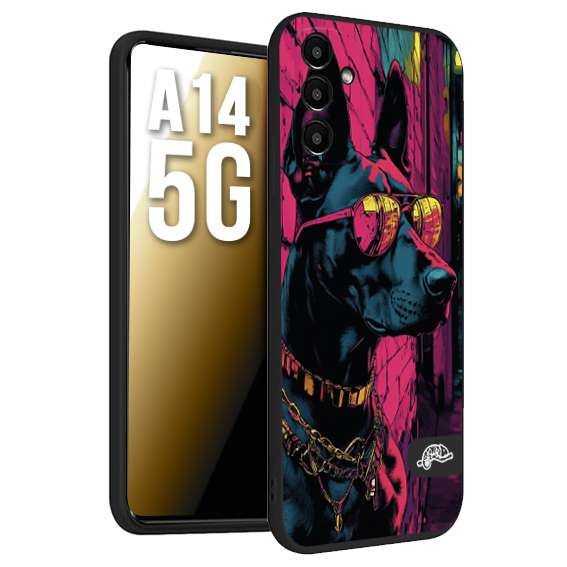 CUSTOMIZZA - Custodia cover nera morbida in tpu compatibile per Samsung A14 5G animali cyberpunk dobermann cane street dog fucsia blu