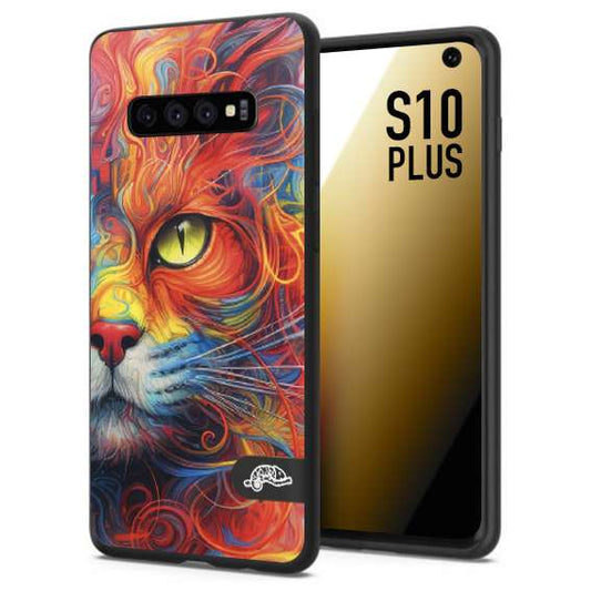 CUSTOMIZZA - Custodia cover nera morbida in tpu compatibile per Samsung S10 PLUS animali color cat gatto viso colori vibranti disegnato schizzo