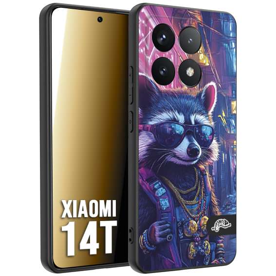 CUSTOMIZZA - Custodia cover nera morbida in tpu compatibile per Xiaomi 14T animali simpatici cyberpunk procione racoon street cat fucsia blu giallo