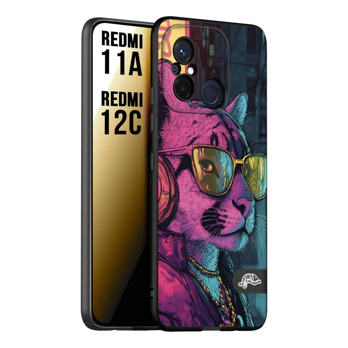 CUSTOMIZZA - Custodia cover nera morbida in tpu compatibile per Xiaomi Redmi 11A - 12C animali cyberpunk pantera street cat fucsia blu giallo
