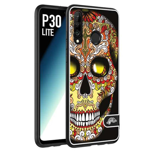 CUSTOMIZZA - Custodia cover nera morbida in tpu compatibile per Huawei P30 LITE teschio messicano Mexican skull giallo rosso arancio