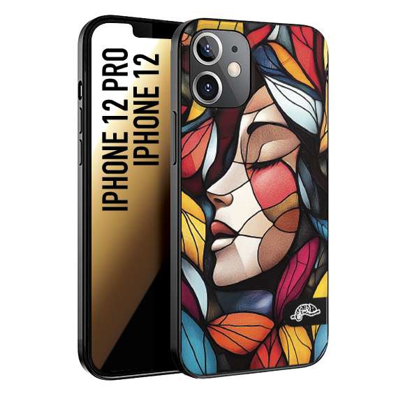 CUSTOMIZZA - Custodia cover nera morbida in tpu compatibile per iPhone 12 - 12 PRO Vetrata artistica volto di donna profilo fogliare mosaico di vetro colorato