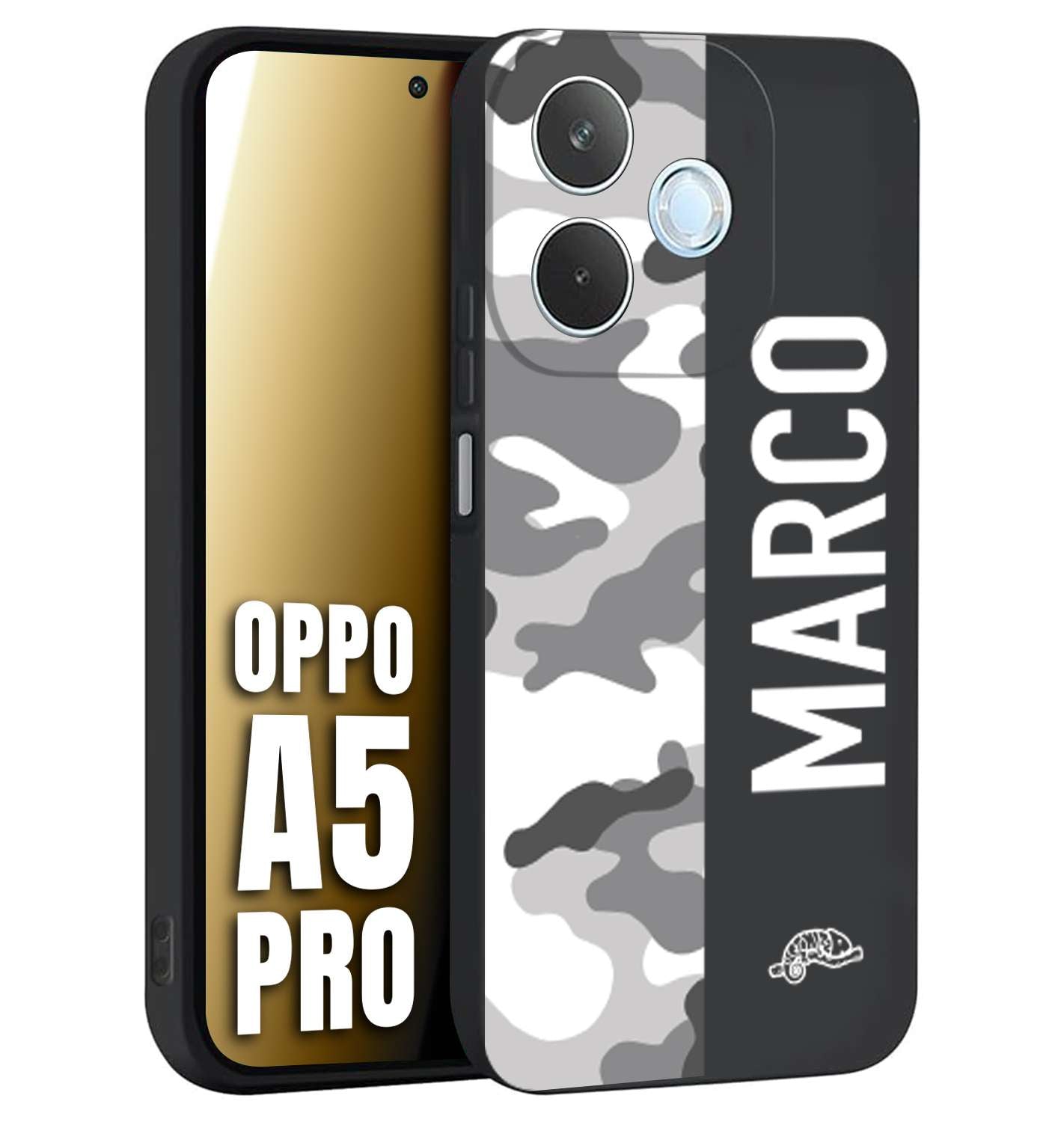 CUSTOMIZZA - Custodia cover nera morbida in tpu compatibile per Oppo A5 PRO camouflage mimetico militare personalizzata nome bianco