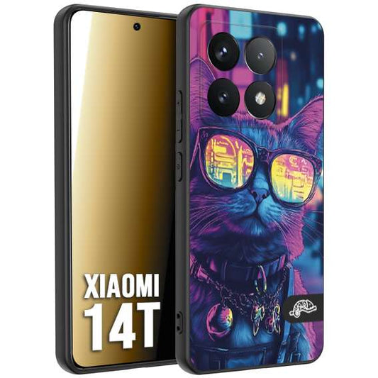 CUSTOMIZZA - Custodia cover nera morbida in tpu compatibile per Xiaomi 14T animali cyberpunk gatto street cat fucsia blu giallo