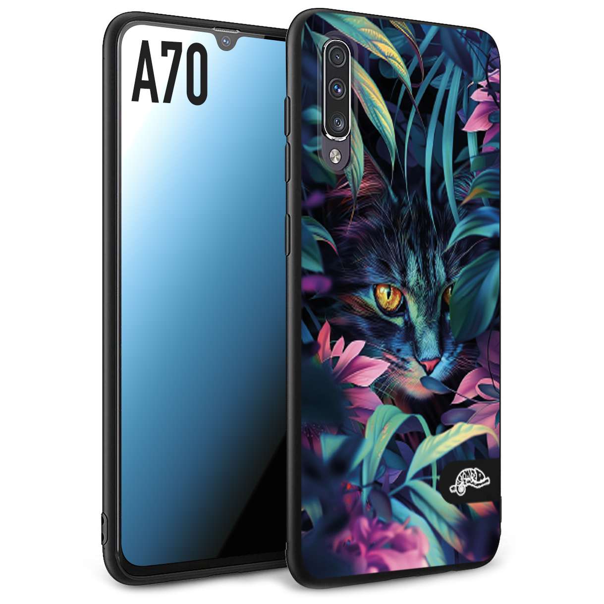 CUSTOMIZZA - Custodia cover nera morbida in tpu compatibile per Samsung A70 animali color giungla tropicale occhio di gatto colori vibranti disegnato